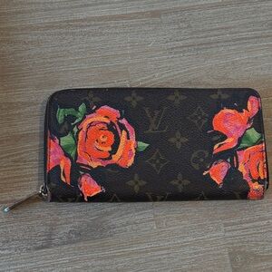Louis Vuitton Brown Monogram Zip Wallet with Pink-Orange Floral Print